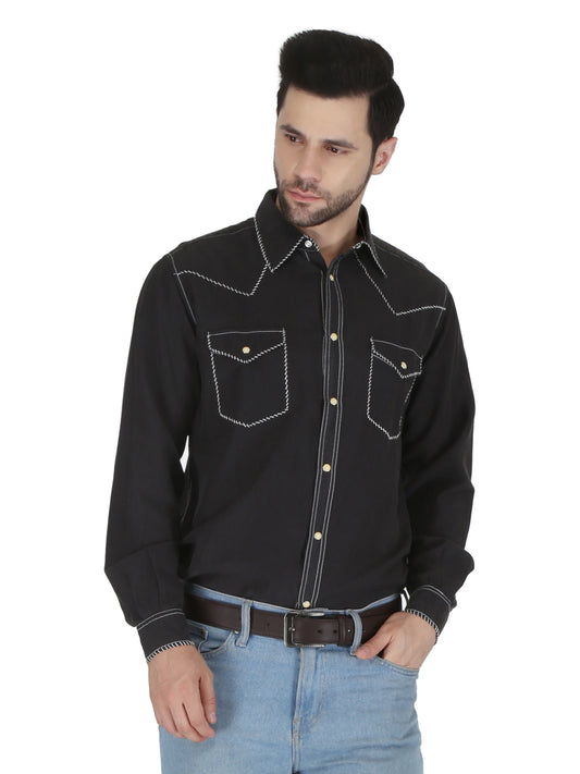 Black With White 2 Pocket Western Yoke Whip Stitch Shirt