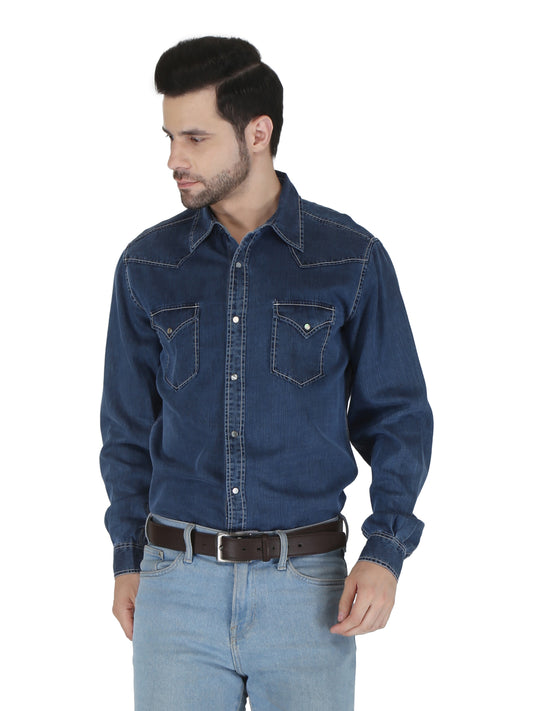 Dark Denim Western 2 Pocket Shirt Embroidered Back Shirt