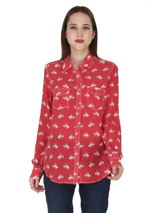 Red /White Western Yoke Horse Print Shirt