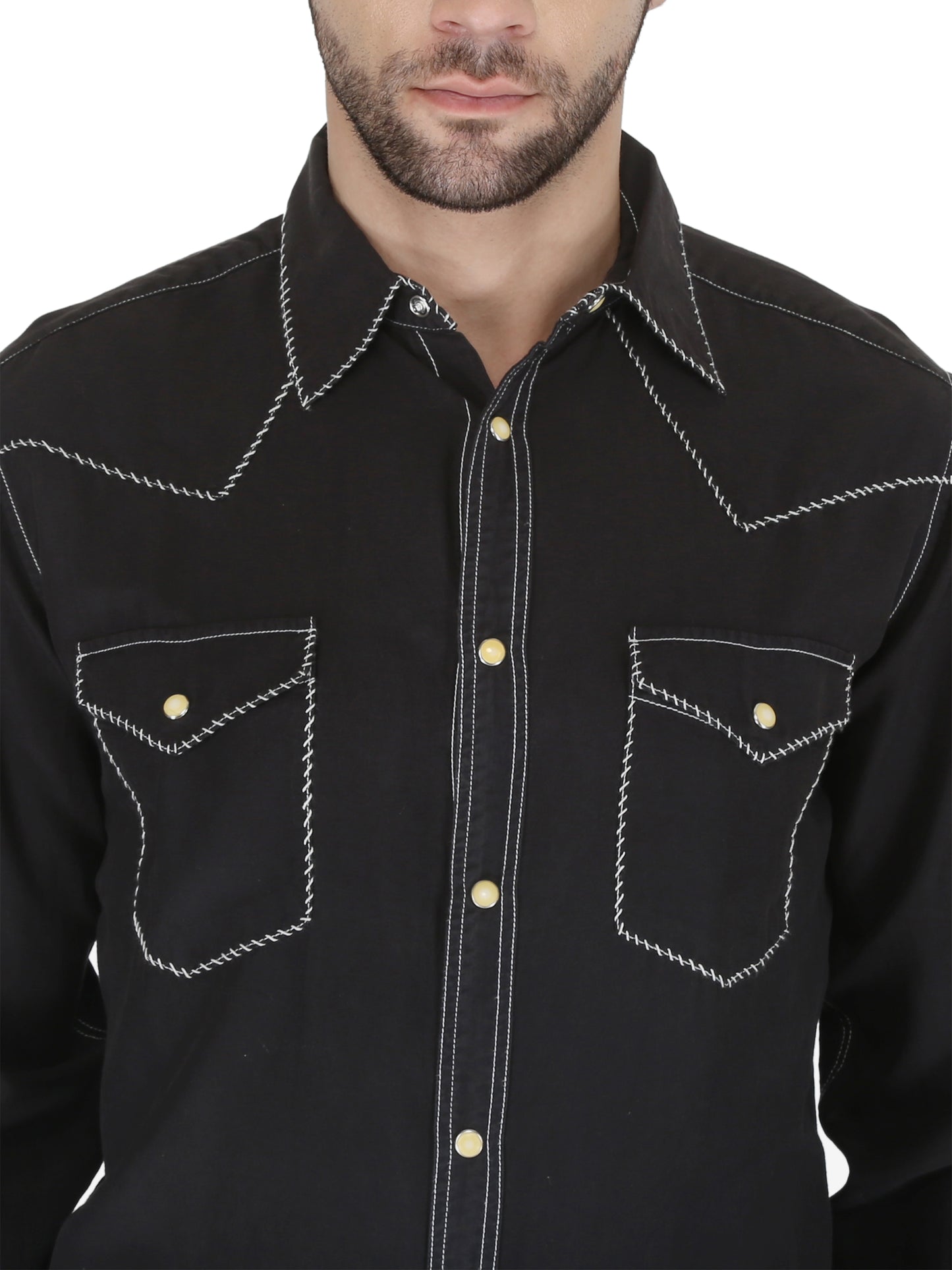 Black With White 2 Pocket Western Yoke Whip Stitch Shirt