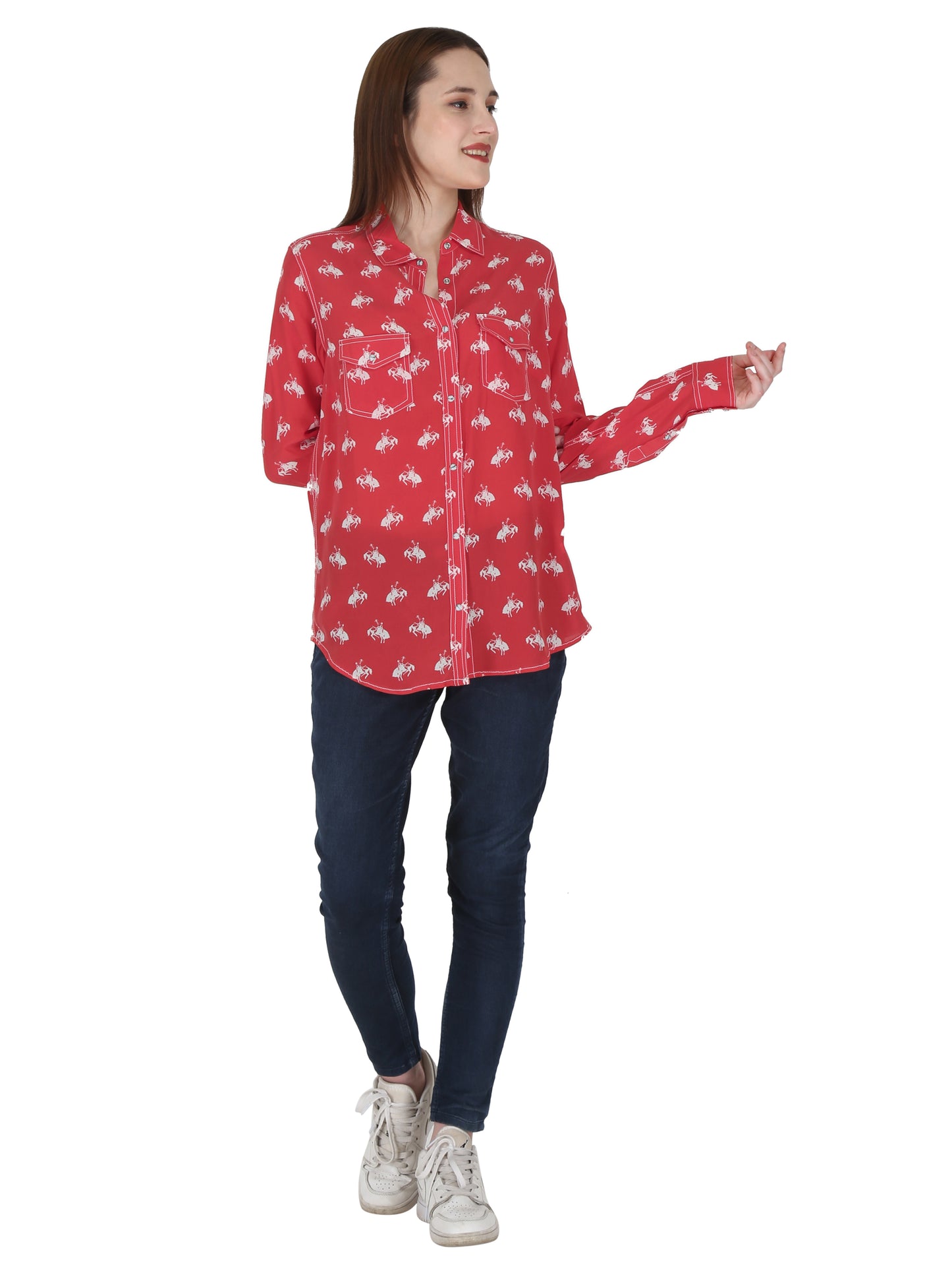 Red /White Western Yoke Horse Print Shirt