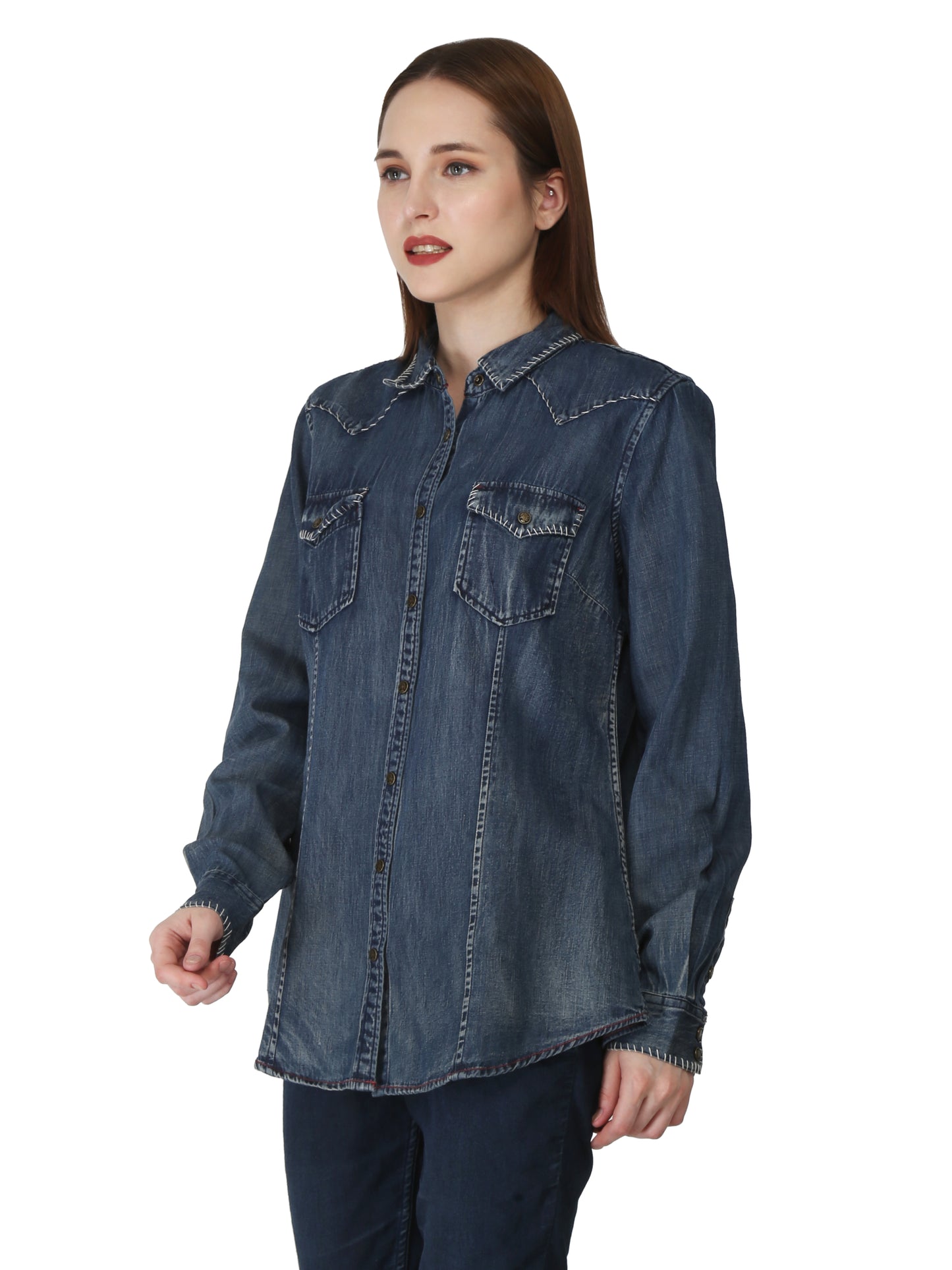 Blue Denim With Tan Stitching Shirt