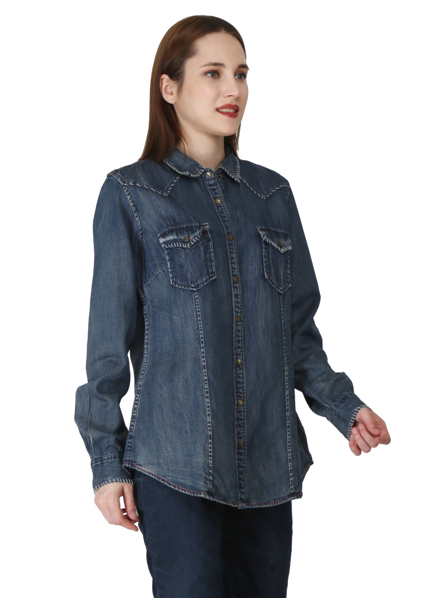 Blue Denim With Tan Stitching Shirt