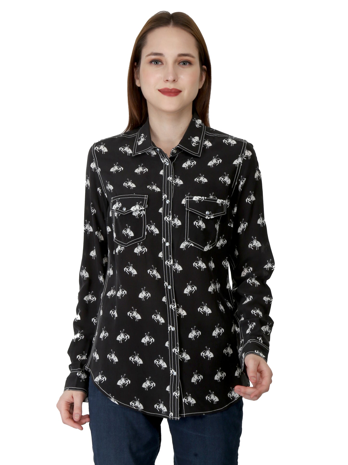 Black/White 2 Pocket Western Yoke Horse Print Shirt