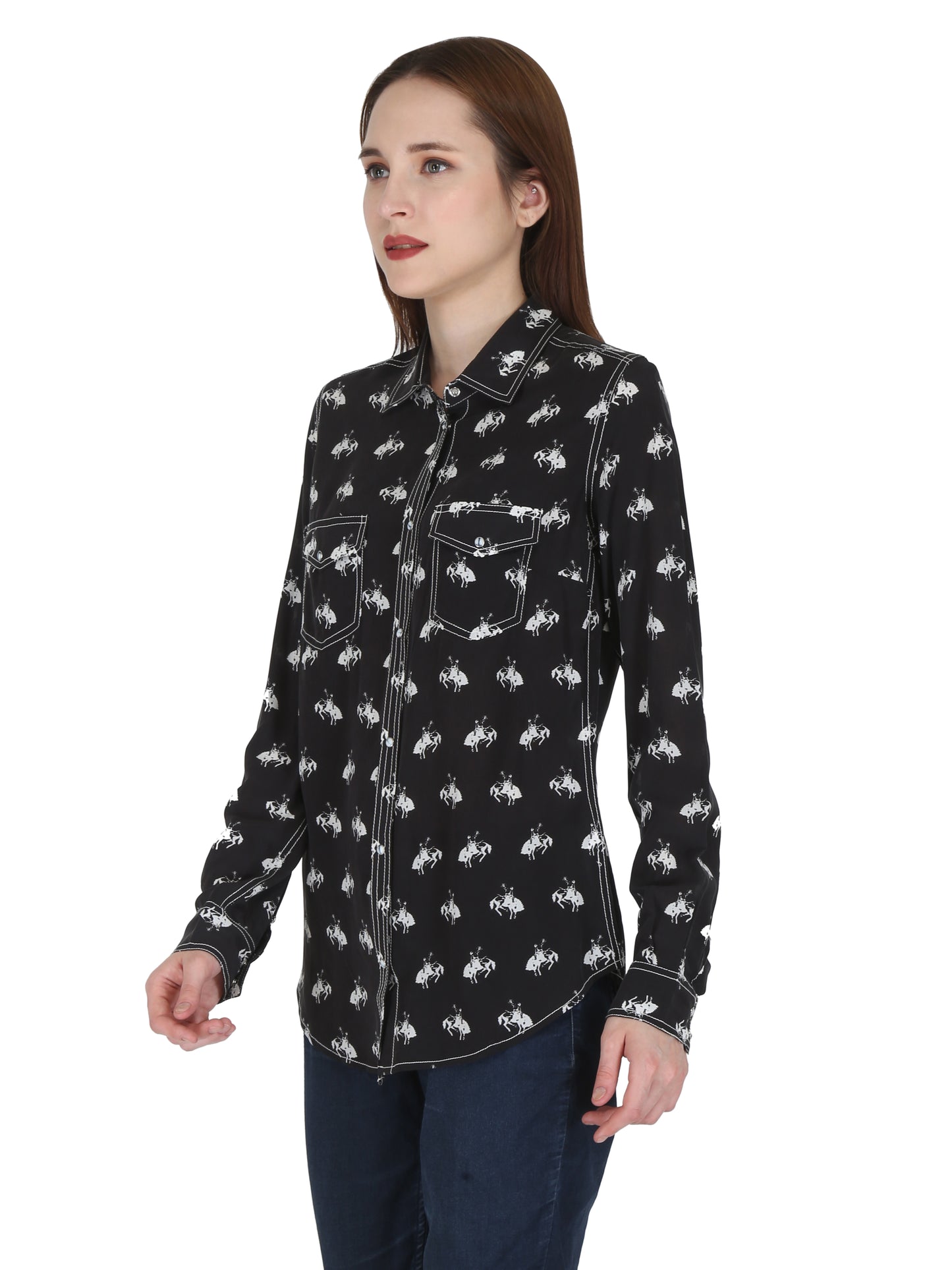 Black/White 2 Pocket Western Yoke Horse Print Shirt