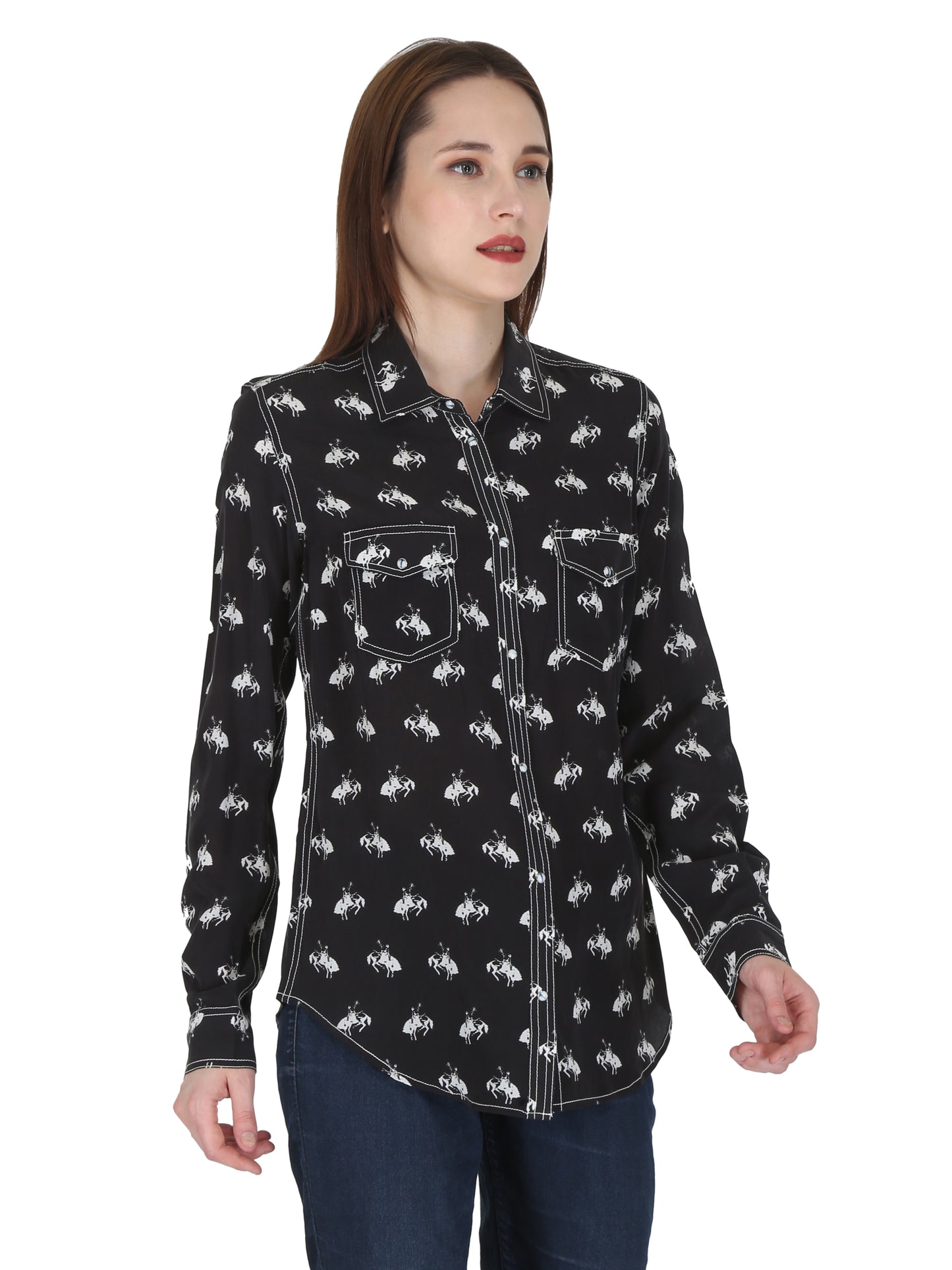 Black/White 2 Pocket Western Yoke Horse Print Shirt