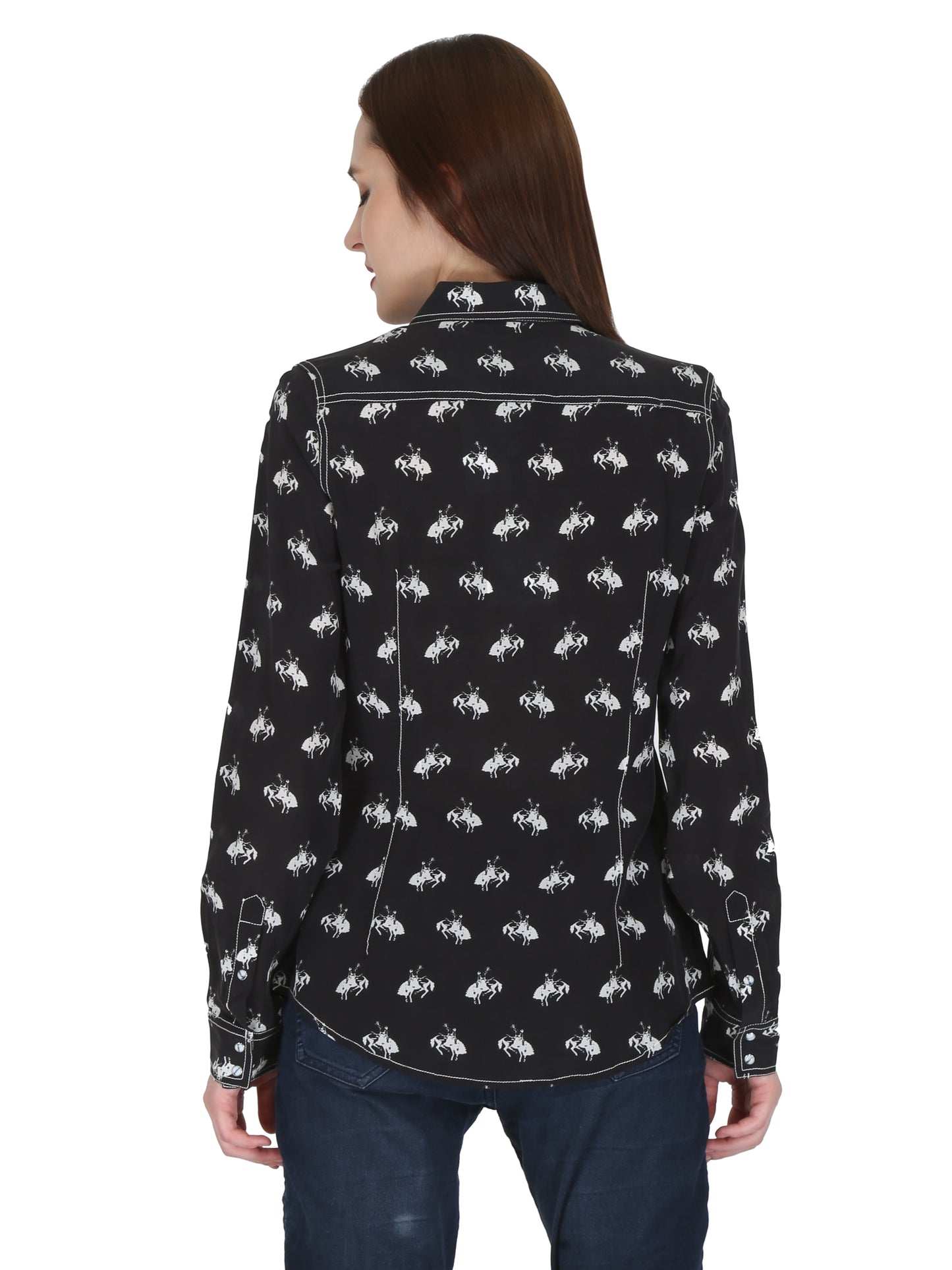 Black/White 2 Pocket Western Yoke Horse Print Shirt