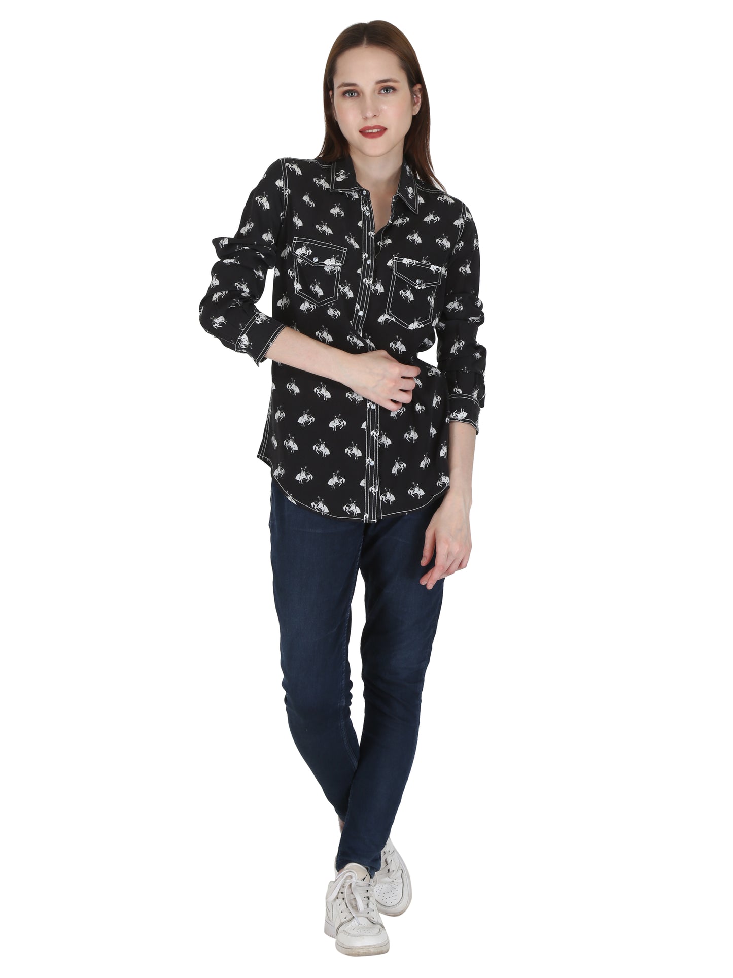 Black/White 2 Pocket Western Yoke Horse Print Shirt