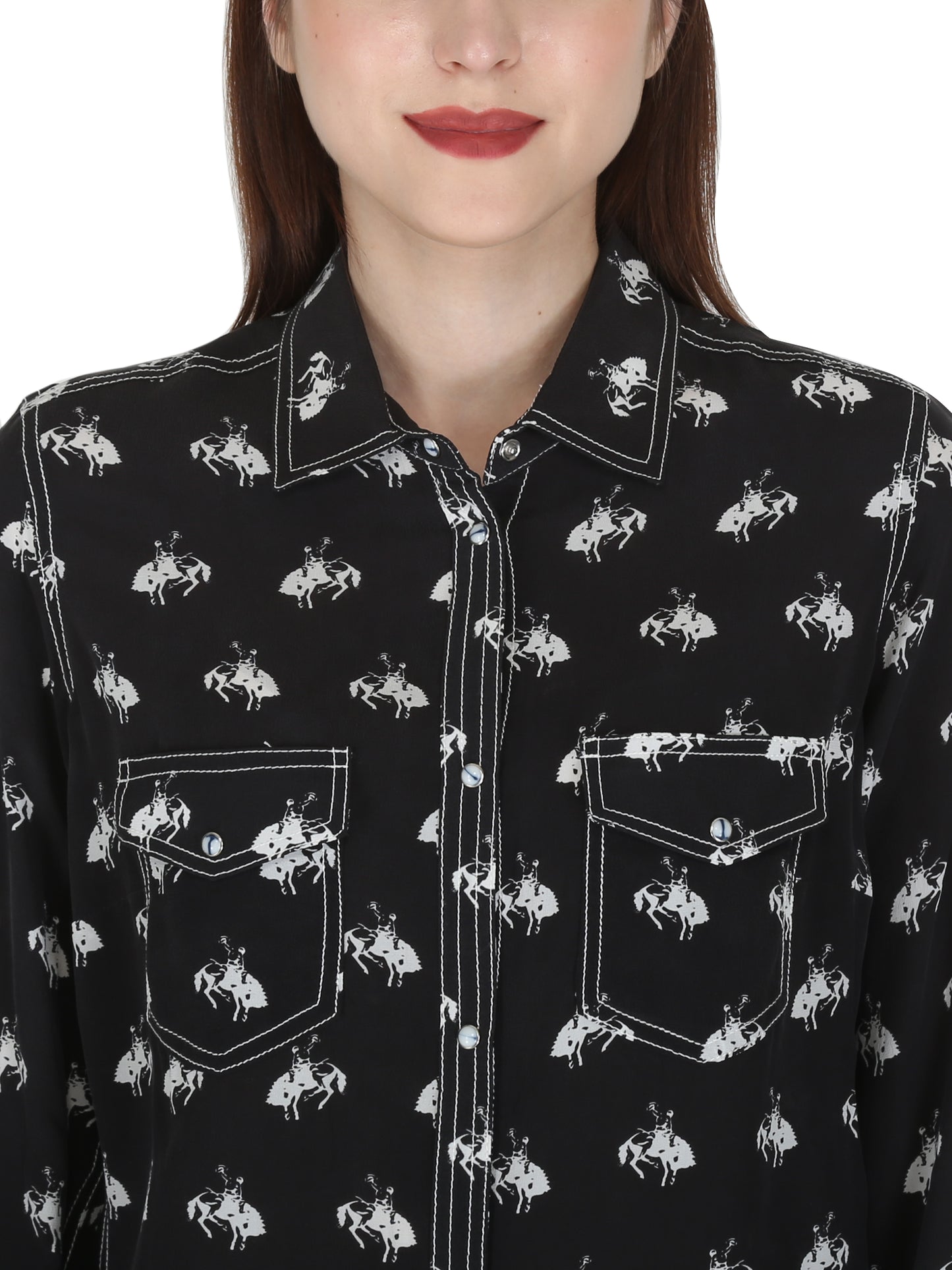 Black/White 2 Pocket Western Yoke Horse Print Shirt